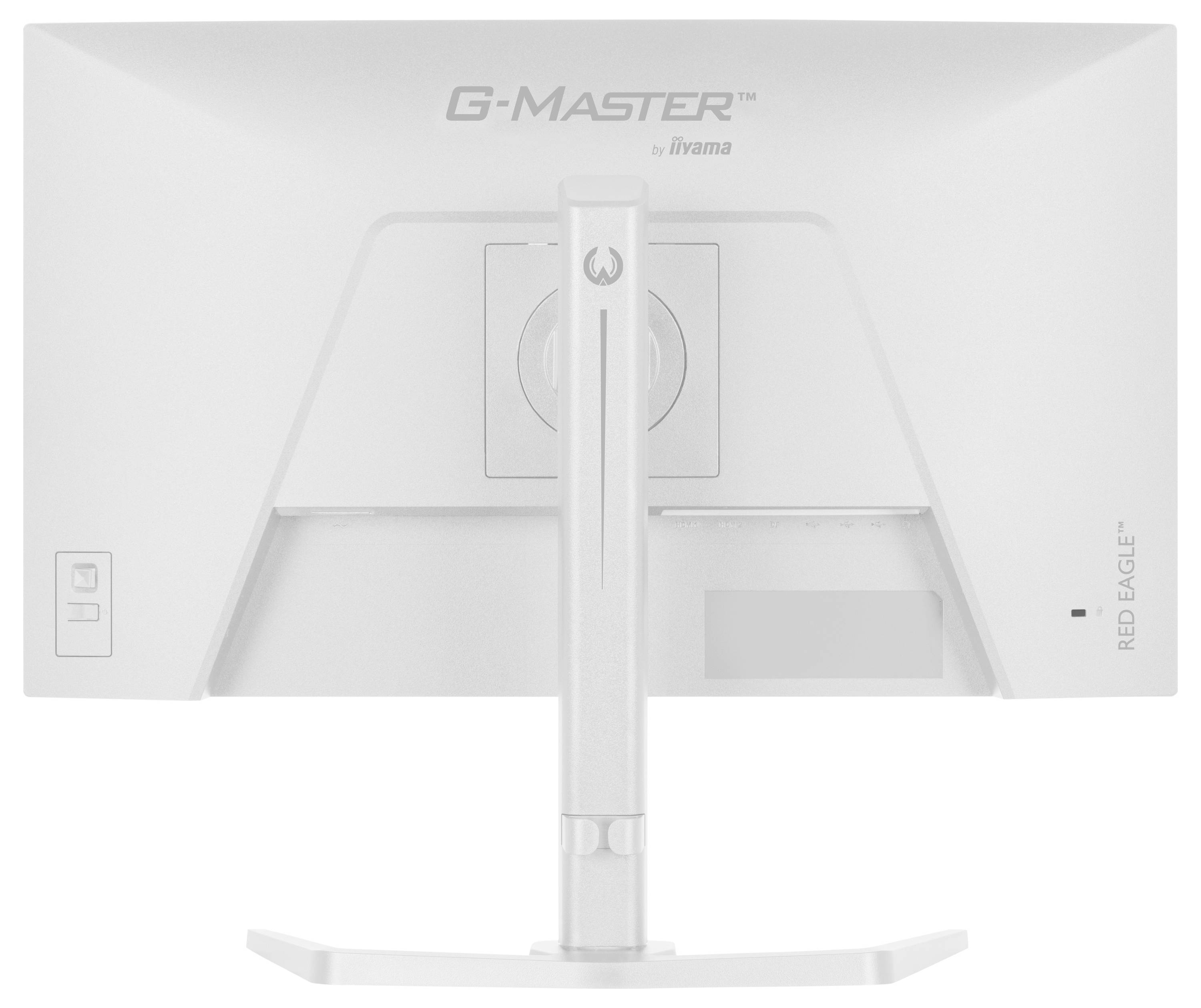 Weißer Computermonitor von hinten betrachtet, mit den Beschriftungen „G-Master" und „RED EAGLE". Sichtbar sind der Ständer, das Logo und die Details der Rückseite.