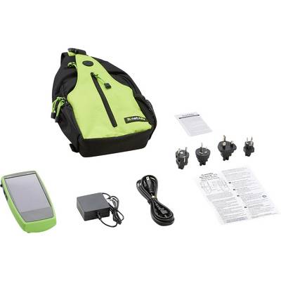 Ein kabelloses Netzwerk-Fehlerbehebungs-Kit mit einer schwarz-grünen Tragetasche, tragbarem Gerät, Netzteil, drei Steckeradaptern und Benutzerhandbüchern.