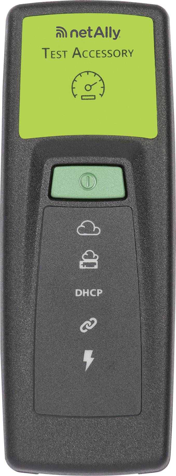 Tragbares Gerät mit der Aufschrift „netAlly TEST ACCESSORY" auf dem Bildschirm, mit Symbolen für Cloud, DHCP und Stromversorgung. Wird zum Testen von Netzwerken verwendet.