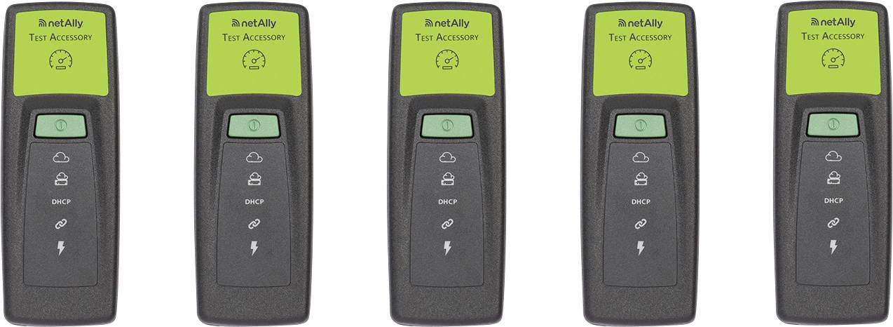 Fünf identische schwarze tragbare Geräte mit grünen Bildschirmen, mit der Bezeichnung "Test Accessory", mit Stromversorgungs- und Konnektivitätssymbolen.