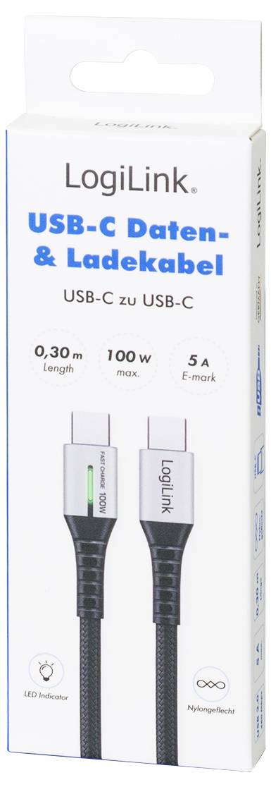 LogiLink USB-C® Kabel USB 2.0 USB-C® Stecker 0.30 m Schwarz mit LED, beidseitig verwendbarer Stecker CU0420-5