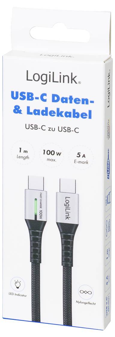 LogiLink USB-C® Kabel USB 2.0 USB-C® Stecker 1.00 m Schwarz mit LED, beidseitig verwendbarer Stecker CU0422-5