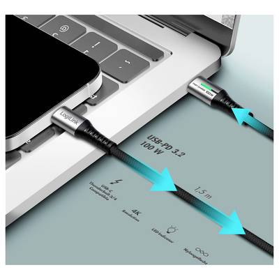 LogiLink USB-C® Kabel USB 3.2 Gen2x2 USB-C® Stecker 1.50 m Schwarz mit LED, 4K UHD, beidseitig verwendbarer Stecker CU04-1