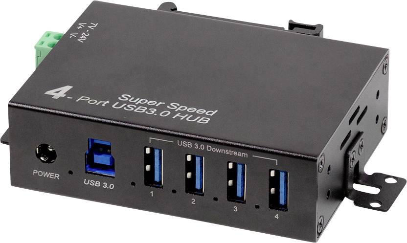 Ein 4-Port-USB-3.0-Hub wird mit mehreren USB-Anschlüssen zum Verbinden von Geräten angezeigt. Er verfügt über Stromversorgungsoptionen und ist mit „Super Speed" gekennzeichnet.