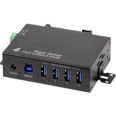 Ein 4-Port-USB-3.0-Hub wird mit mehreren USB-Anschlüssen zum Verbinden von Geräten angezeigt. Er verfügt über Stromversorgungsoptionen und ist mit „Super Speed" gekennzeichnet.