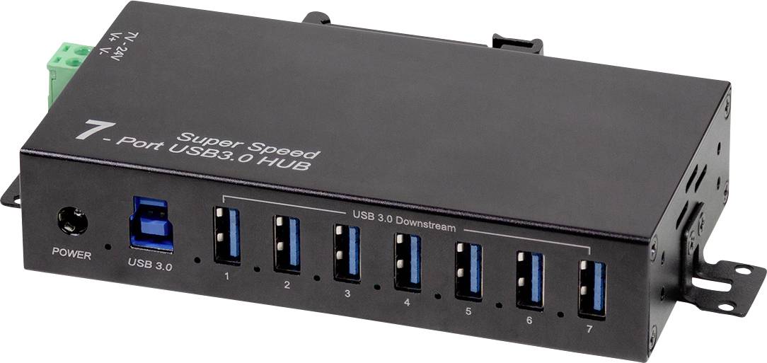 7-Port-USB-3.0-Hub mit Super-Speed-Kennzeichnung, Stromeingangport und sieben USB-Anschlüssen in einer Reihe auf einem schwarzen Gehäuse angeordnet.