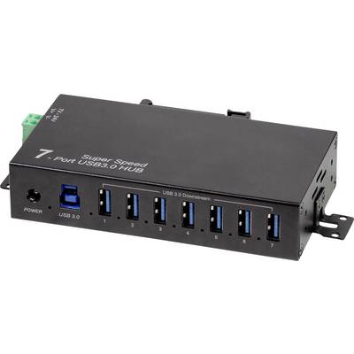 7-Port-USB-3.0-Hub mit Super-Speed-Kennzeichnung, Stromeingangport und sieben USB-Anschlüssen in einer Reihe auf einem schwarzen Gehäuse angeordnet.
