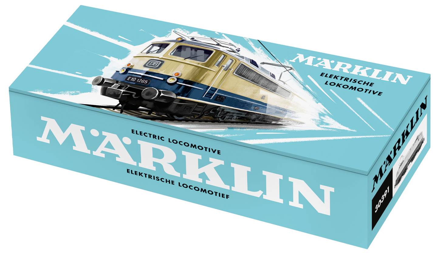 Märklin Elektrolokomotive-Modellzug-Set-Box mit einer Illustration einer blauweißen Lokomotive auf lebhaftem türkisblauem Hintergrund.
