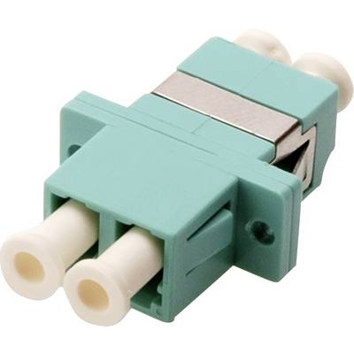 Aqua- und weiße Faseroptik-Adapter mit zwei Anschlüssen, häufig verwendet für Netzwerk- und Telekommunikationsverbindungen.
