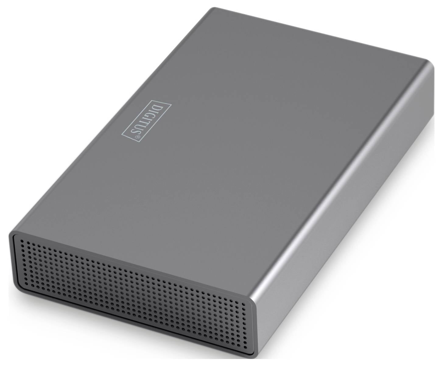 Ein elegante, silberne externe Festplatte mit perforierten Frontblech, wird zur Datenspeicherung und Sicherung verwendet.