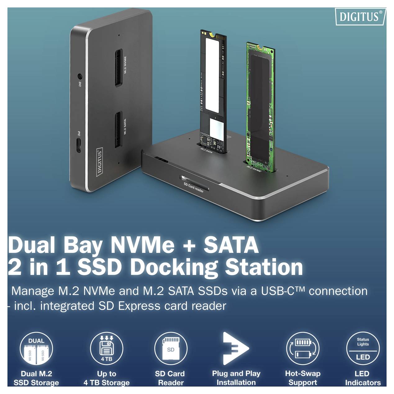Dual-Bay NVMe + SATA 2-in-1-SSD-Dockingstation mit USB-C-Verbindung, unterstützt Dual-M.2-SSDs, 4TB Speicher, SD-Kartenleser und LED-Indikatoren.