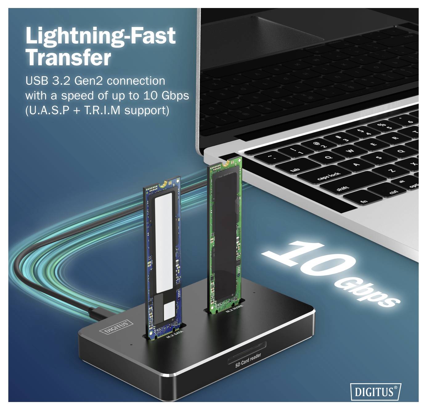 „Blitzschnelle Übertragung" zeigt eine USB 3.2 Gen2 10 Gbps-Verbindung zwischen einem Laptop und einem SSD-Gehäuse und hebt dabei Geschwindigkeit und Effizienz hervor.
