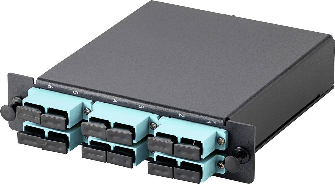 Ein Acht-Port-Glasfaser-Patchpanel-Modul mit acht türkisfarbenen LC-Steckern, untergebracht in einem schwarzen Gehäuse.