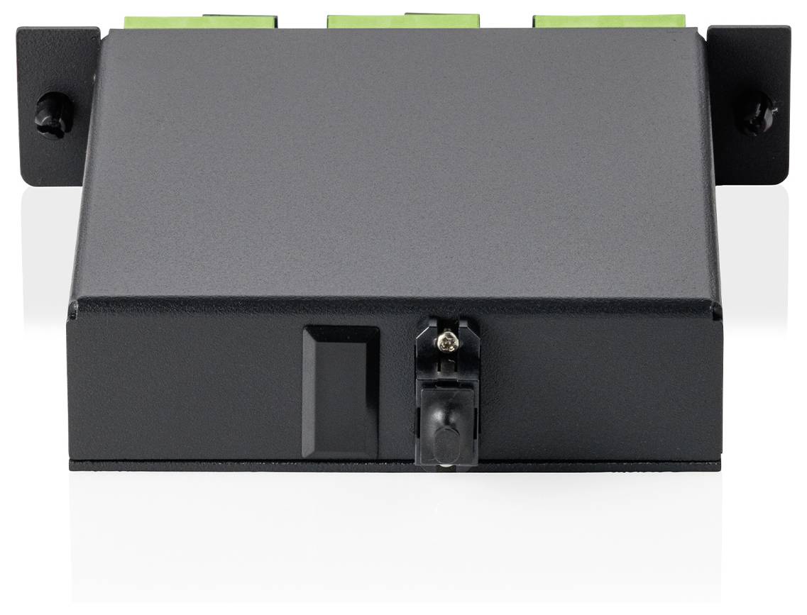 Ein schwarzes rechteckiges elektronisches Gerät mit Anschlüssen auf der Oberseite, montiert mit zwei Halterungen auf jeder Seite, vermutlich für industrielle Anwendungen verwendet.