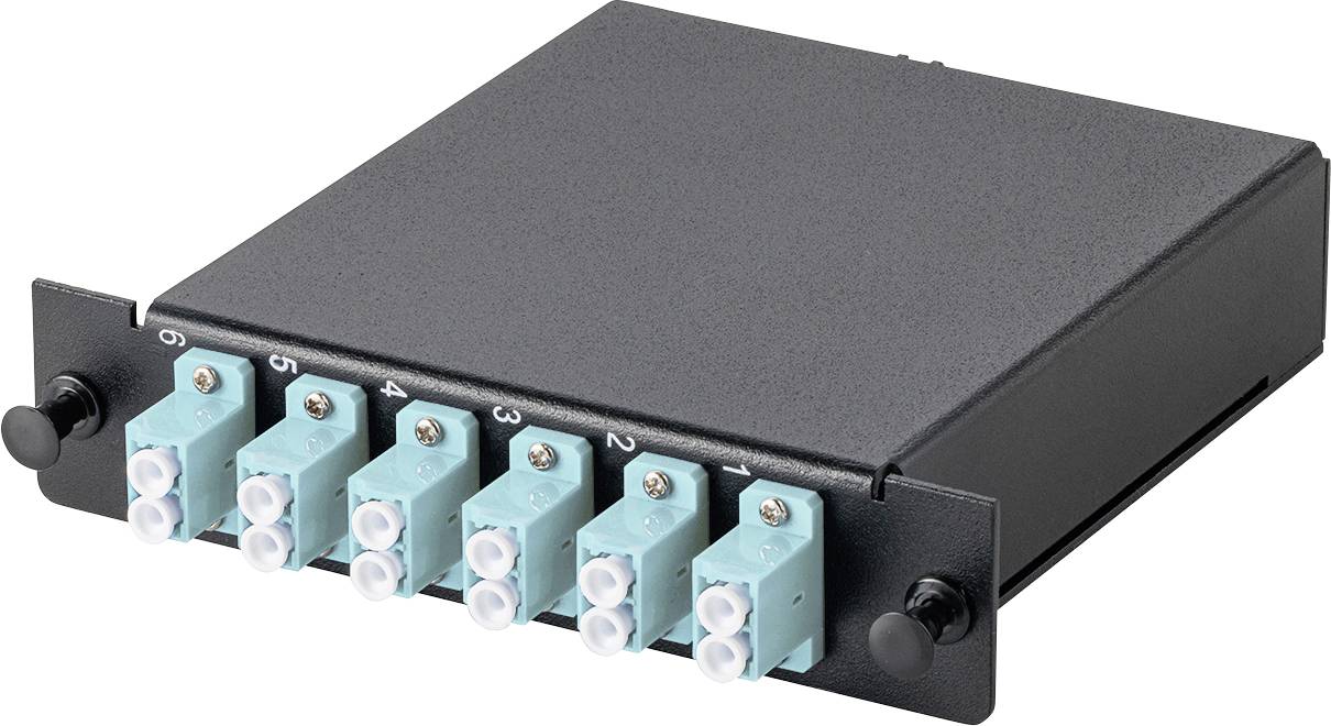 Ein schwarzes Metall-Glasfaserpatch-Panel mit sechs LC-Steckverbindern, nummeriert von 1 bis 6, für die Verwaltung von Netzwerkkabeln.