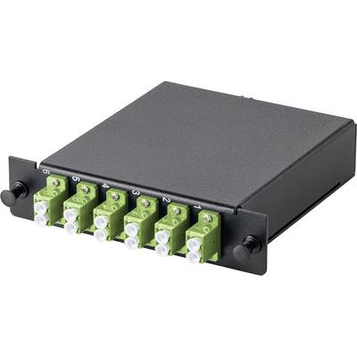 Schwarzes rechteckiges Faseroptik-Modul mit zwei Reihen grüner Anschlüsse, beschriftet von 1 bis 6, wird für Netzwerkverbindungen verwendet.