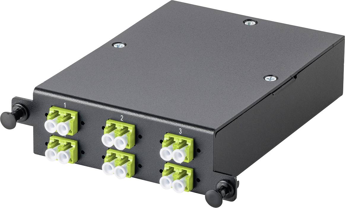 'Schwarzes rechteckiges Faseroptik-Modul mit neun grünen und weißen Anschlüssen auf der Vorderseite, verwendet zum Verbinden von Lichtwellenleitern in der Netzwerktechnik.'