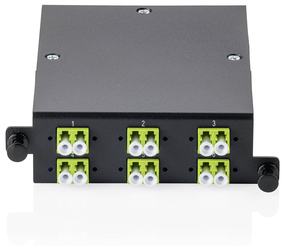 Ein schwarzes modulares Lichtwellenleiterpatchpanel mit sechs grünen LC-Duplexverbindungen, gekennzeichnet mit 1 bis 3, zur Verwaltung von Netzwerkdatenleitungen.