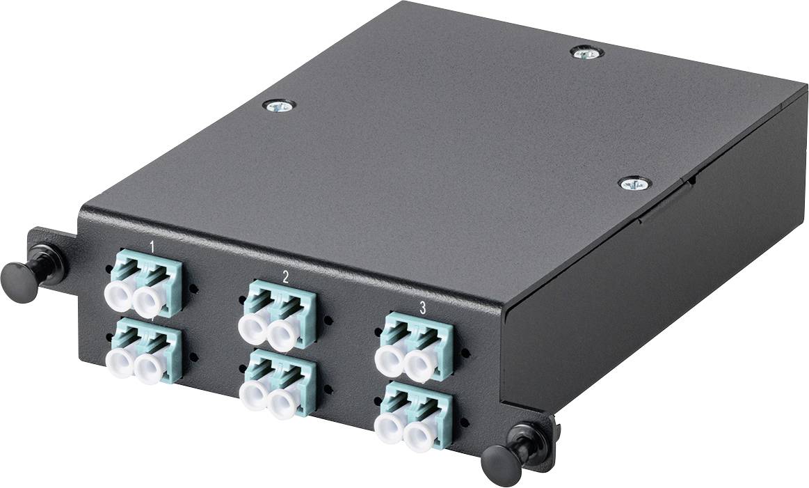 Ein schwarzes modulares Glasfaser-Patchfeld mit neun LC-Duplexsteckverbindern, die in drei Reihen angeordnet sind, wobei jede Reihe mit den Nummern 1 bis 3 gekennzeichnet ist.