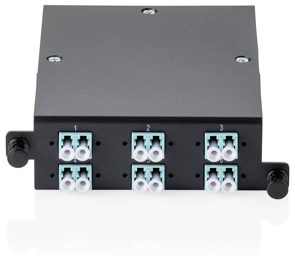 Ein schwarzes Glasfaser-Adapterpanel mit sechs LC-Duplex-Anschlüssen, beschriftet mit 1 bis 3.