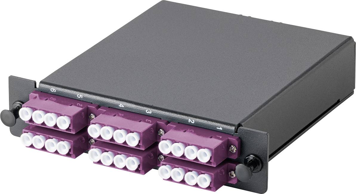 Ein rechteckiges schwarzes Modul mit acht LC-Glasfasersteckern, die paarweise angeordnet sind und mit C0 bis C3 gekennzeichnet sind.