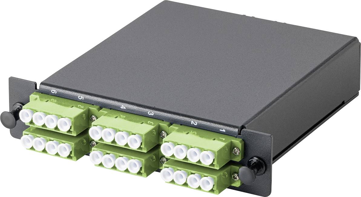 Eine schwarze rechteckige Glasfaser-Anschlussbox mit acht grünen Faserverbindungen, die in zwei Reihen angeordnet sind und sich für Netzwerkinstallationen eignet.