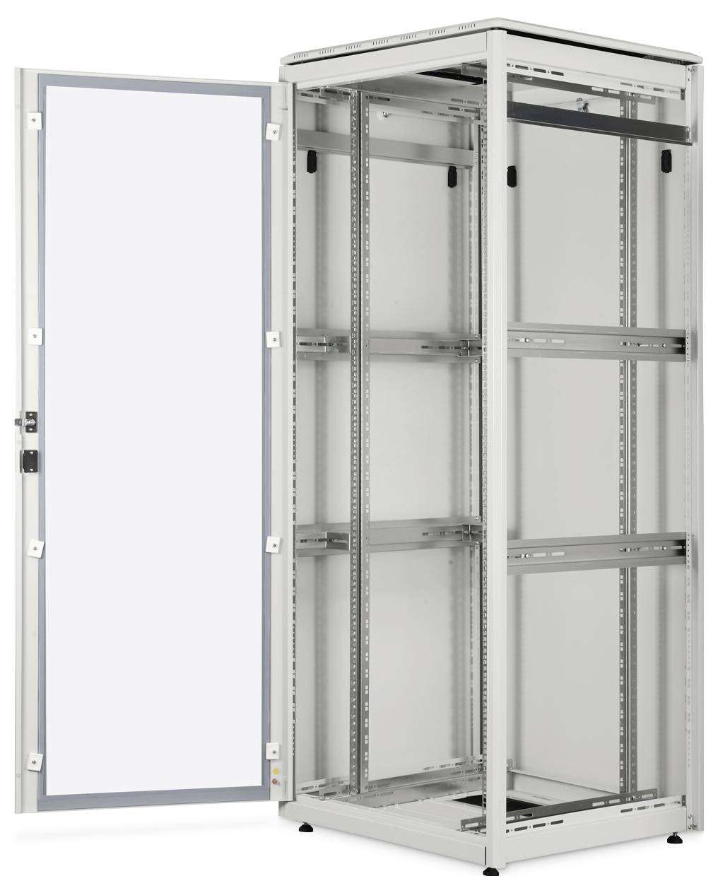 Ein offenes Industrie-Schrankgestell mit transparenter Tür, entwickelt zur Organisation und Sicherung elektronischer Ausrüstung.