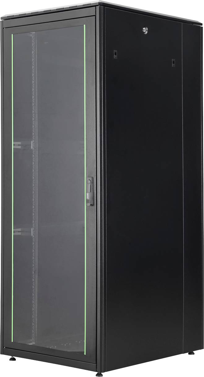 Ein hohes, schwarzes Serverschrank-Gehäuse mit transparenter Vordertür und grün beleuchteten Kanten, das zur Unterbringung von elektronischer Ausrüstung und Servern verwendet wird.