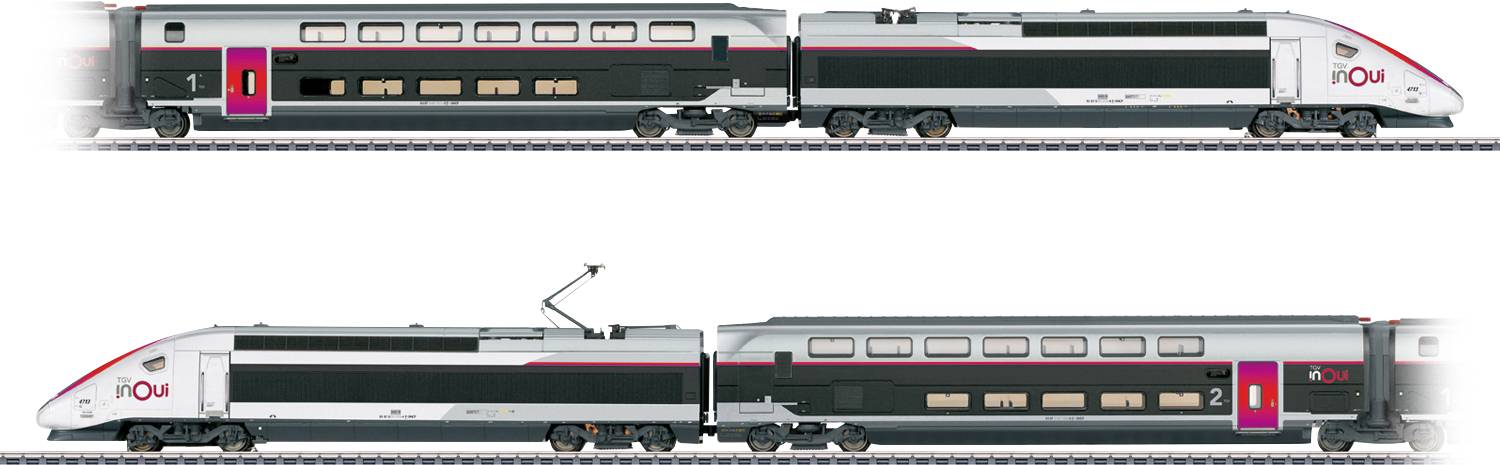 Hochgeschwindigkeitszug mit zwei verbundenen Wagen auf parallelen Gleisen. Der Zug hat ein schlankes Design in Rot, Schwarz und Grau und trägt die Marke "inOui".