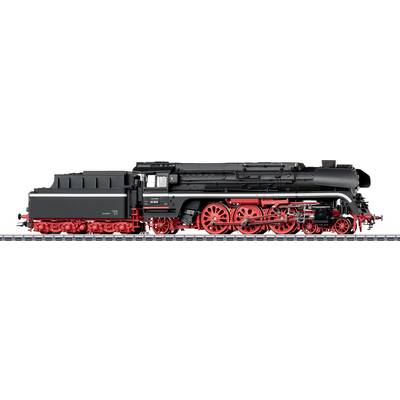 Ein detailliertes Modell einer schwarz-roten Dampflokomotive auf einer Schiene, das aufwendige Rad- und Motorkomponenten zeigt.