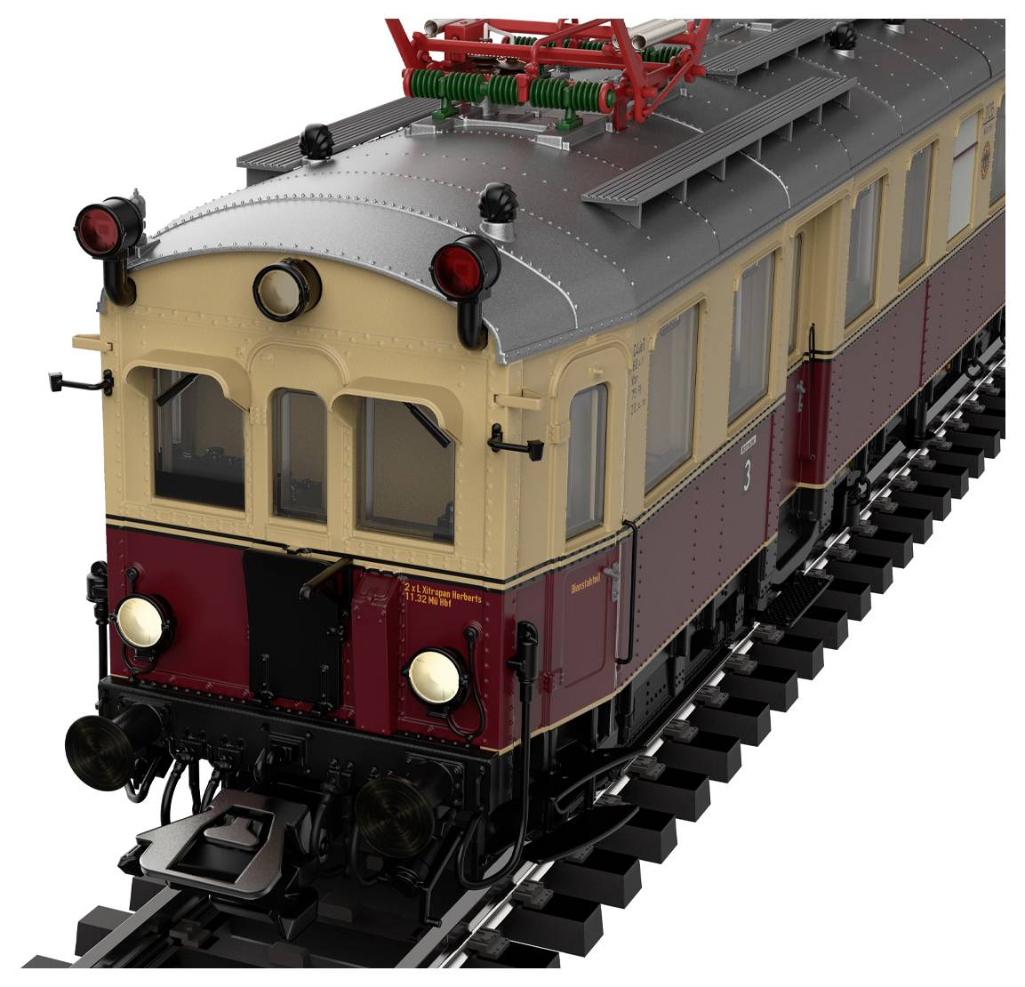 Ein detailliertes Modell eines Vintage-Elektrozugs mit brauner und roter Außenseite, schwarzem Dach und frontalen Scheinwerfern, positioniert auf Schienen.