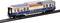 Ein Modelleisenbahn-Wagen mit blau-beigem Design, gekennzeichnet mit „RHEINGOLD", auf einem kurzen Gleisstück, zeigt luxuriöse Fenster und Sitzplätze.