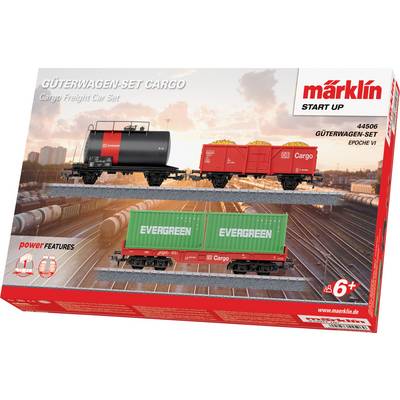 Modelleisenbahnkasten mit zwei Güterwagen, von denen einer Frachtcontainer mit der Aufschrift „Evergreen" befördert und ein anderer Wagen für Schüttgüter vorgesehen ist. Gekennzeichnet für ab 6 Jahren.