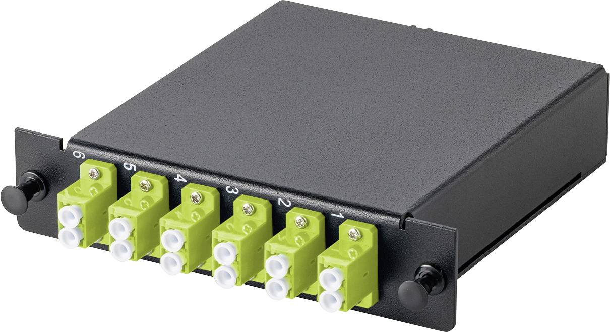 Ein schwarzes, rechteckiges Glasfasermodul mit sechs grünen SC-Steckverbindern, die auf der Vorderseite mit 1 bis 6 gekennzeichnet sind, wird für Netzwerkverbindungen verwendet.
