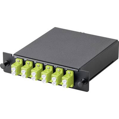 Ein schwarzes, rechteckiges Glasfasermodul mit sechs grünen SC-Steckverbindern, die auf der Vorderseite mit 1 bis 6 gekennzeichnet sind, wird für Netzwerkverbindungen verwendet.