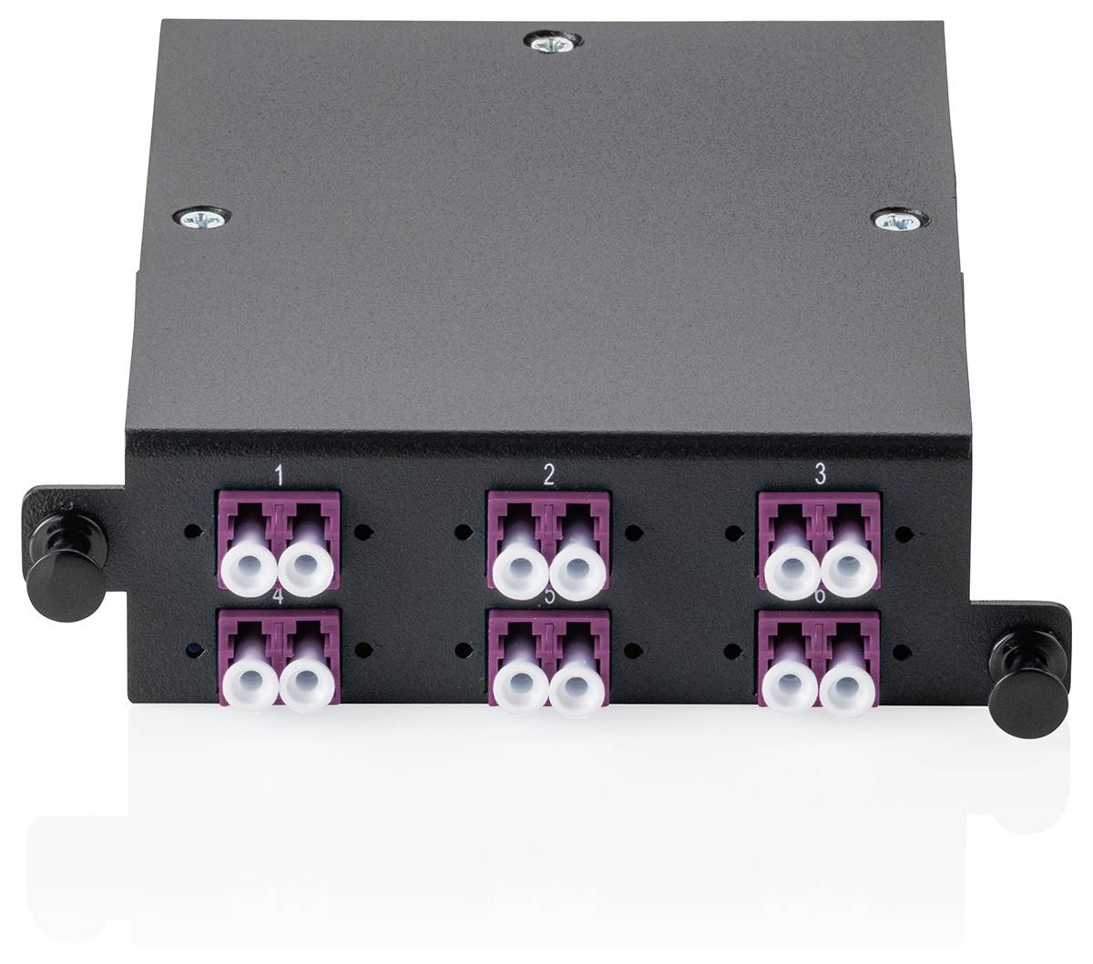 'Vorderansicht eines schwarzen Netzwerkmoduls mit drei Reihen rosa und weißer Glasfaserverbinder, gekennzeichnet mit 1, 2 und 3.'