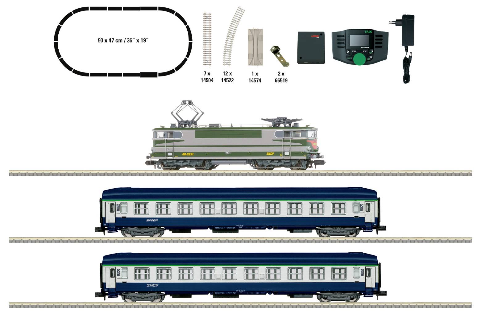Diagramm eines Modelleisenbahn-Sets mit einem ovalen Gleis von 90 x 47 cm, das eine Lokomotive, zwei Personenwagen, Gleistücke, einen Controller und ein Netzteil zeigt.
