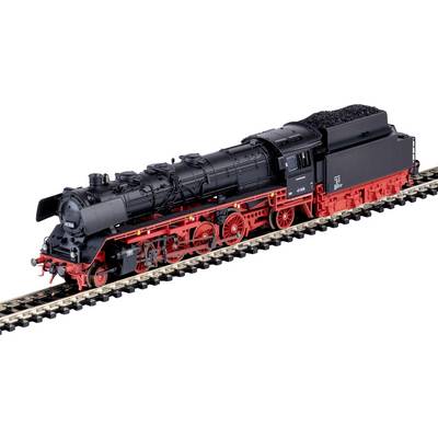 Eine Modelldampflokomotive mit schwarzem Kessel und roten Rädern sitzt auf einem Gleis. Der Zug hat detaillierte Merkmale und einen Tender-Wagen.