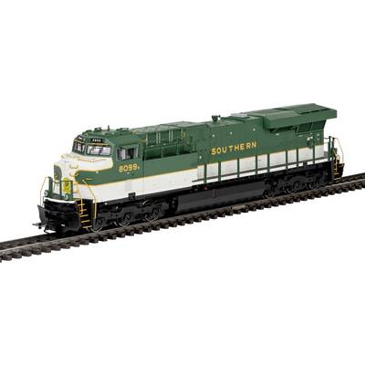 Eine grün-weiße Lokomotive auf Eisenbahnschienen, mit der Beschriftung „SOUTHERN 8099", mit einem charakteristischen Frontdesign und detaillierten Seitenkomponenten.