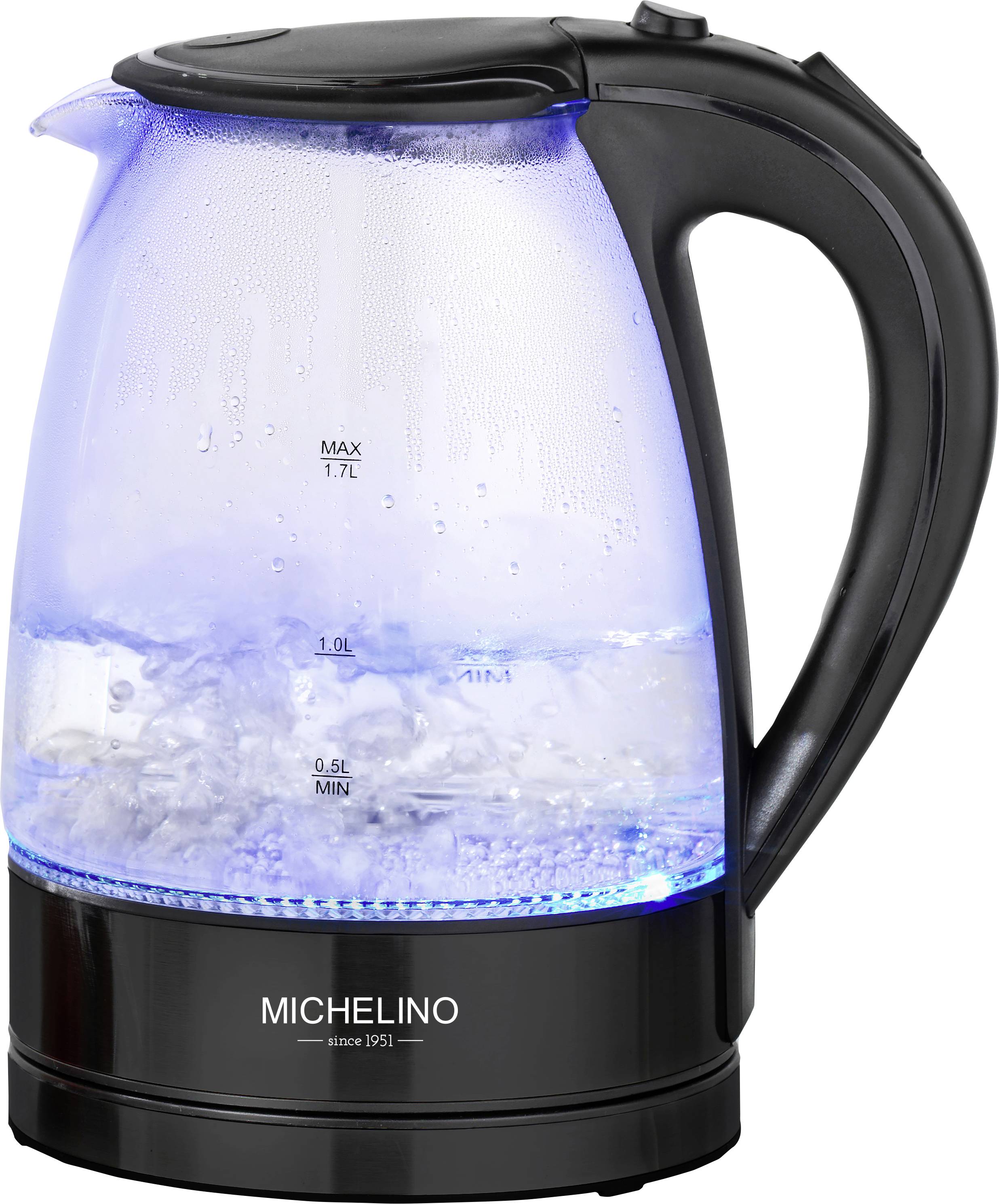 Michelino Wasserkocher 1,7 Liter mit LED-Beleuchtung schwarz Wasserkocher Überhitzungsschutz, Kontrollleuchte Schwarz Fa