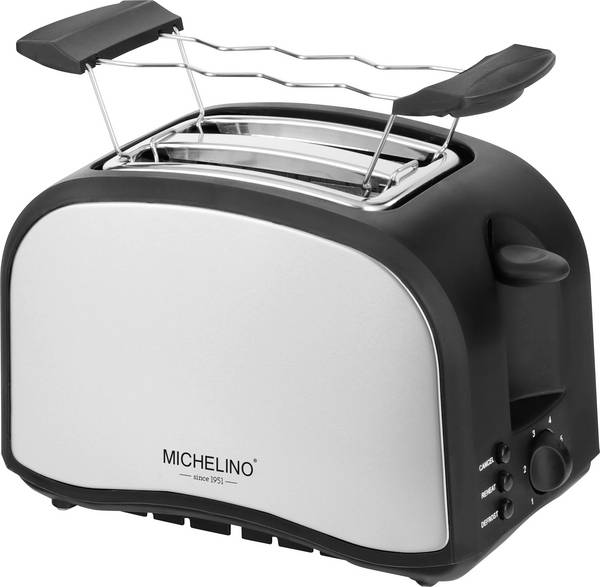 Michelino Toaster 2 Scheiben 800 Watt Edelstahl Toaster Cool-Touch-Gehäuse, Multifunktion, Timerfunktion, Temperaturvorwahl, Toastfunktion, mit Brötchenaufsatz Schwarz, Silber