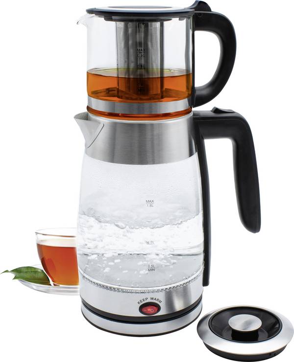 Schäfer Elektronik Glas-Teekocher 1,8/0,8  Liter Silber Teebereiter Schwarz, Silber