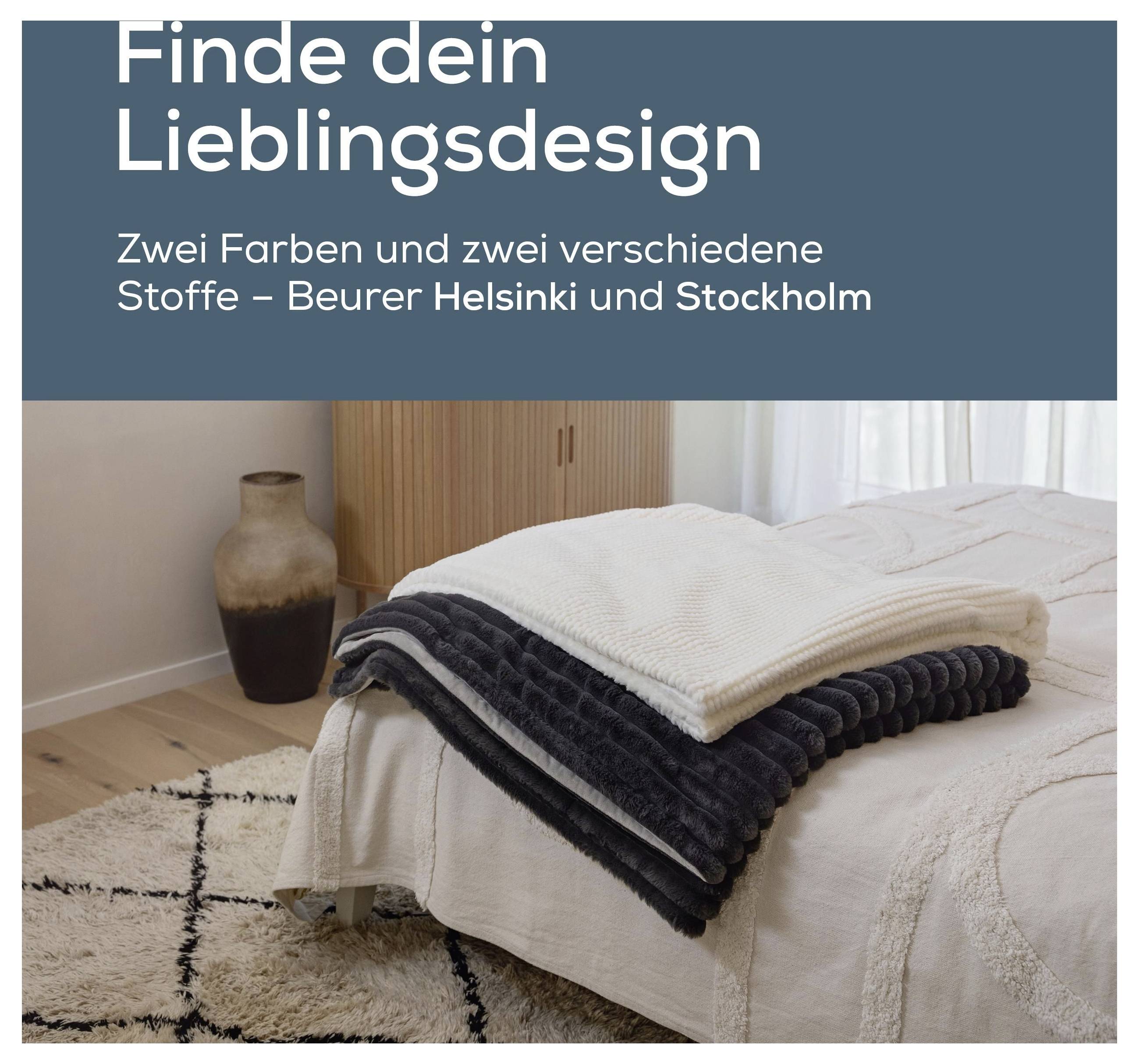 Hier ist die Übersetzung des gesamten Textes:<br><br>"Finde dein Lieblingsdesign" über einem Bild von zwei unterschiedlich farbigen und texturierten Überwürfen auf einem Bett.<br><br>(Hinweis: Der Text war bereits auf Deutsch, daher bleibt die Übersetzung identisch.)