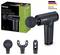 Eine schwarze Massagepistole mit drei Aufsätzen wird gezeigt. Die Verpackung im Hintergrund hebt "Deep Tissue Massager" und "German Engineering" hervor.