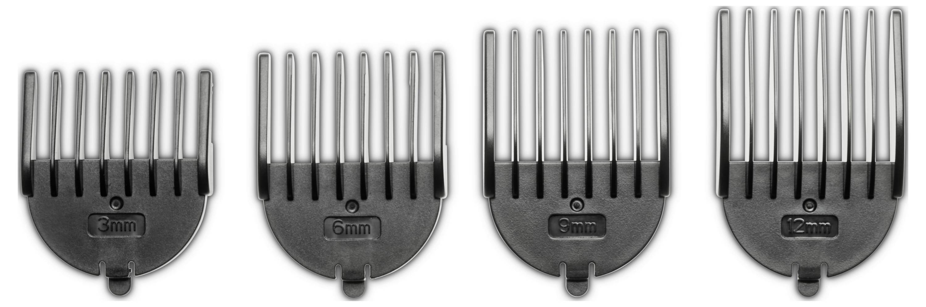 Eine Reihe von vier Haarschneidekammaufsätzen in aufsteigender Größenordnung: 3mm, 6mm, 9mm und 12mm.