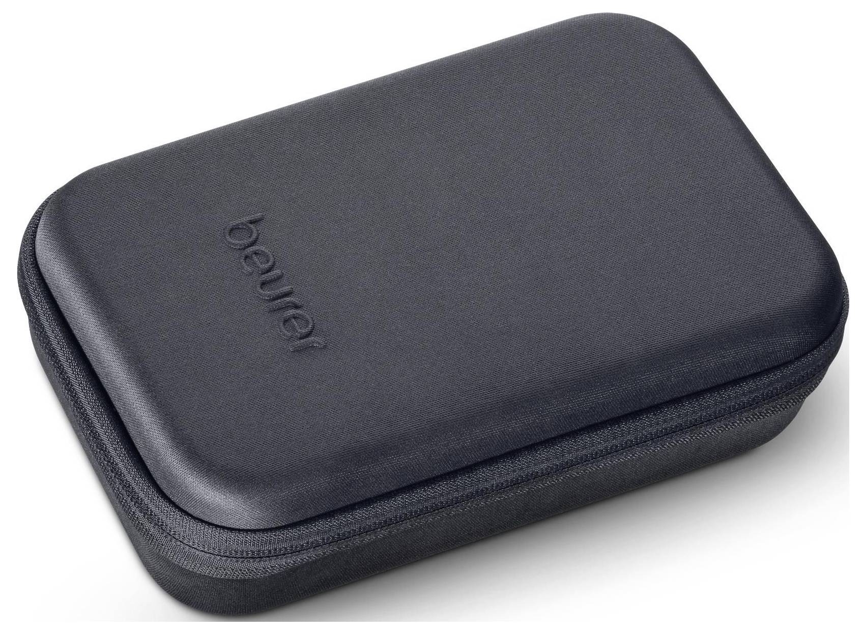 Ein schwarzes, robustes Etui mit Reißverschluss und dem auf der Oberseite geprägten Wort „beurer", das zur Aufbewahrung und zum Schutz kleiner elektronischer Geräte verwendet wird.