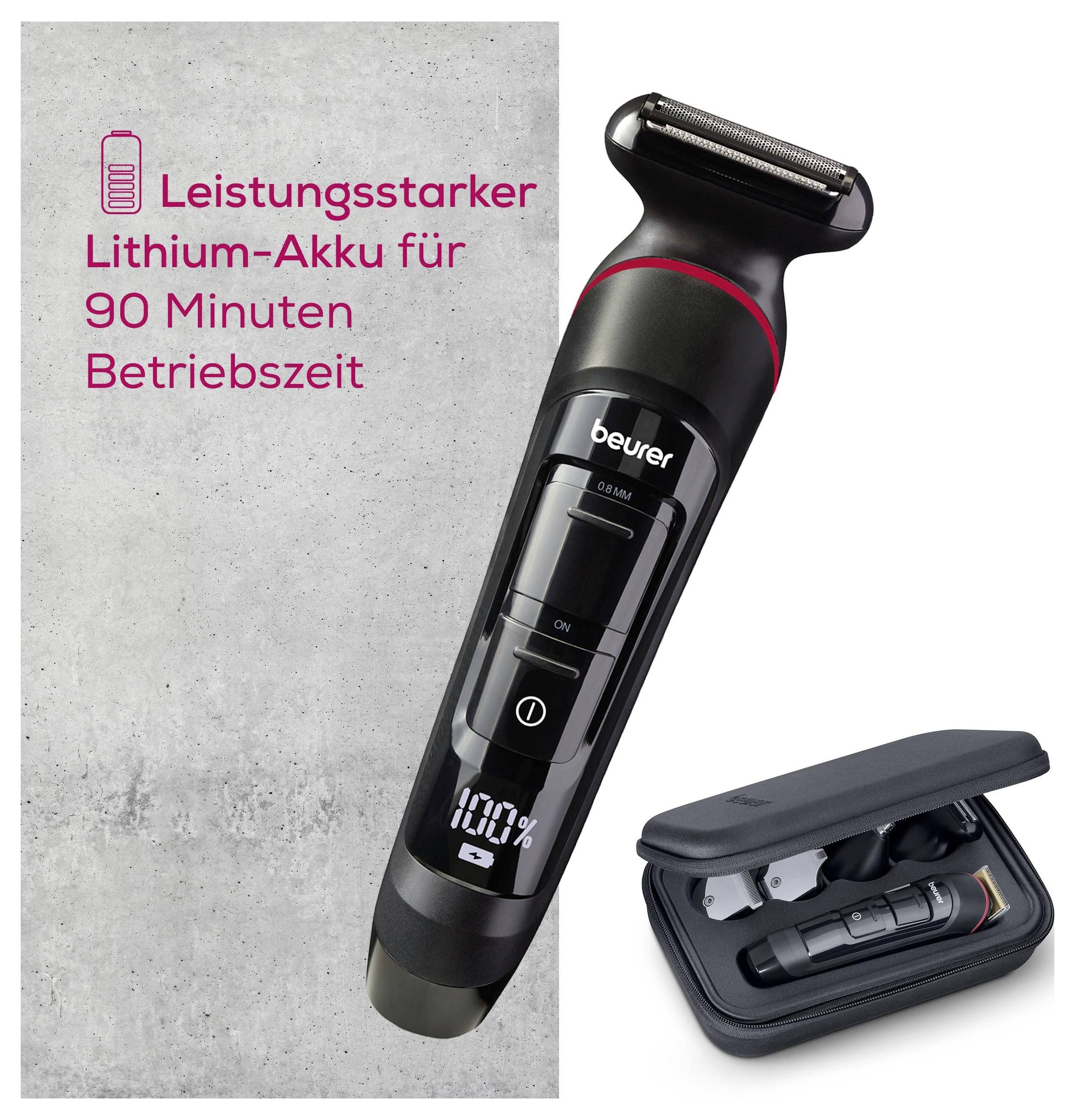 Elektrorasierer mit "beurer"-Branding, angezeigt mit Ladeetui. Der Text in deutscher Sprache besagt, dass ein leistungsstarker Lithium-Akku 90 Minuten Betriebsdauer bietet.