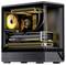 Ein schwarzes, rechteckiges Gaming-PC-Gehäuse mit transparenter Seitenwand, beleuchtet durch orange und gelbe LED-Beleuchtung, die interne Komponenten wie die GPU zur Schau stellt.