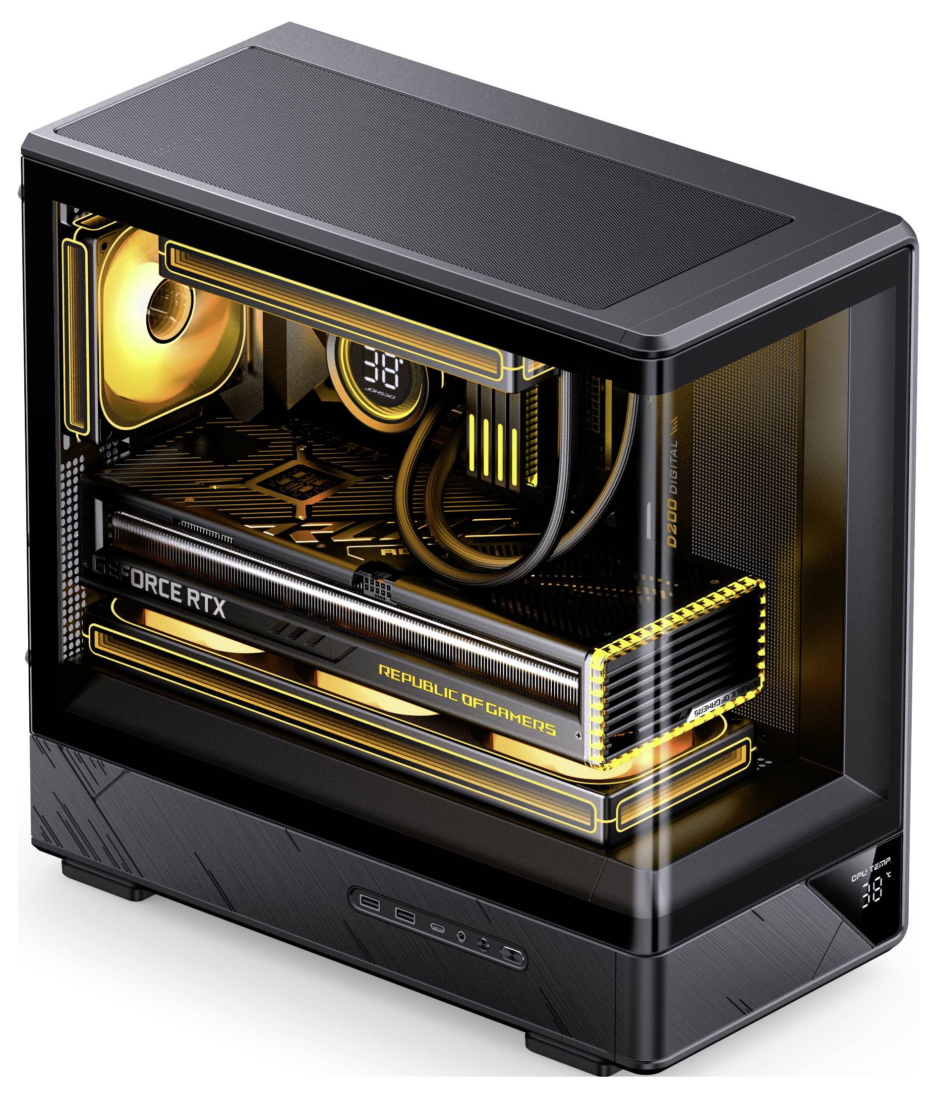 Ein eleganter Desktop-Computer mit sichtbaren internen Komponenten, der prominente "GeForce RTX"- und "Republic of Gamers"-Branding aufweist.
