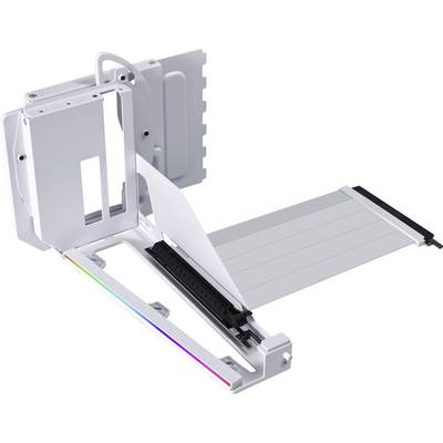 Eine weiße Grafikkarten-Stützhalterung mit RGB-Leuchtstreifen und verstellbarem Stützarm, die zum Stabilisieren und Präsentieren von Grafikkarten in einem Computergehäuse entwickelt wurde.